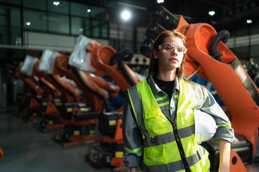 retrato de hembra ingeniero con el misión de revisión de cuentas, pruebas, mejorando software y calibrando robótica brazo. foto