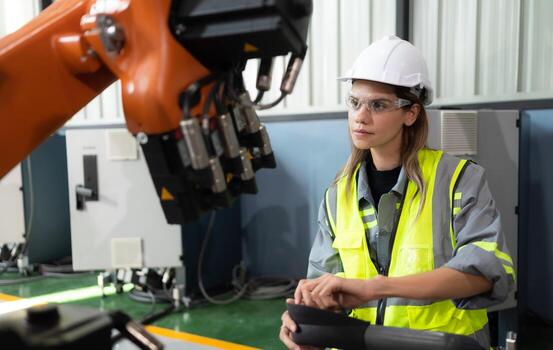 después instalando un programa en el robótico brazo, un hembra ingeniero con un robótico brazo controlador realiza un prueba correr. foto