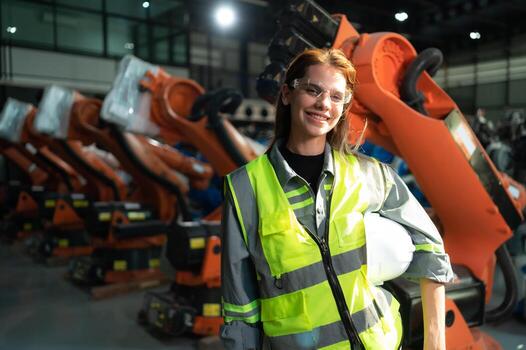 retrato de hembra ingeniero con el misión de revisión de cuentas, pruebas, mejorando software y calibrando robótica brazo. foto