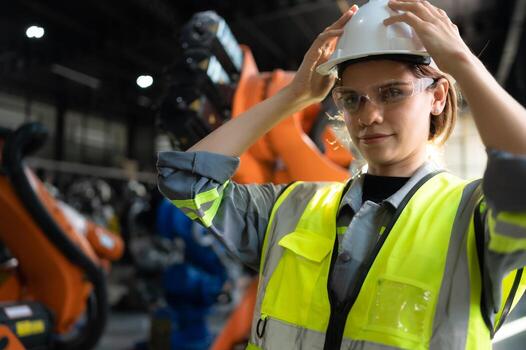 retrato de hembra ingeniero con el misión de revisión de cuentas, pruebas, mejorando software y calibrando robótica brazo. foto