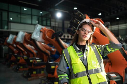 retrato de hembra ingeniero con el misión de revisión de cuentas, pruebas, mejorando software y calibrando robótica brazo. foto