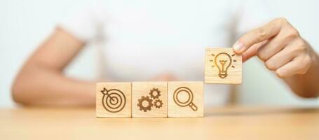 Woman hand holding lightbulb above dartboard, Gear and magnifying icon block. thinking, business planning process, goal, strategy, target, mission, action, research, teamwork and idea concept photo