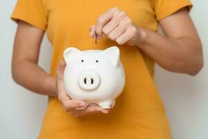 Money Saving for Future Plan, Retirement fund, Pension, Investment, Wealth Business and Financial concepts. hand holding and putting into piggy bank, Money Counting for World Savings day and Donate photo