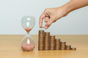 Money Saving for Future Plan, Retirement fund, Pension, Investment, Wealth Business and Financial concepts. hand putting coin on money stack with sandglass photo