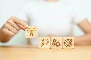 Woman hand holding lightbulb above dartboard, Gear and magnifying icon block. thinking, business planning process, goal, strategy, target, mission, action, research, teamwork and idea concept photo