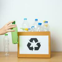 Volunteer keep plastic bottle into paper box at home or office. Hand Sorting Recycle garbage. Ecology, Environmental, pollution, Dispose recycling, waste management and trash Separation concept photo