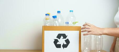 voluntario mantener el plastico botella dentro papel caja a hogar o oficina. mano clasificación reciclar basura. ecología, ambiental, contaminación, disponer reciclaje, residuos administración y basura separación concepto foto
