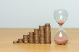 Money Saving for Future Plan, Retirement fund, Pension, Investment, Wealth Business and Financial concepts. coins money stack with sandglass on table photo