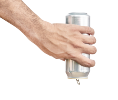 Upside down hand hold mockup shiny aluminum slim can png