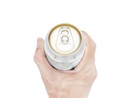 Top view hand hold mockup shiny aluminum can png