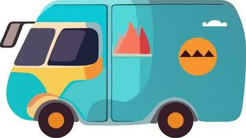 Turquoise And Orange Mini Bus With Mountain Symbol Or Icon. vector