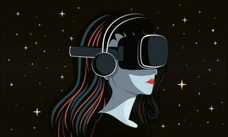 Vector Illustration Of Young Woman Wearing VR Box With Headphone On Dark Galaxy Starry Background.