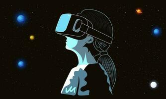 Young Woman Character Watching Outer Planet Through VR Box At Night. vector