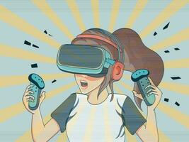 Excited Young Girl Character Wearing VR Headset With Using Controllers On Slate Blue And Yellow Rays Background. vector