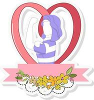 Sticker Style Faceless Stronger Woman With A Heart Frame, Flowers And Copy Space. vector