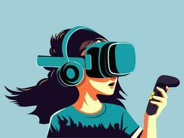 Vector of Young Woman Wearing VR Box with Headphone Using Remote Control On Light Blue Background.