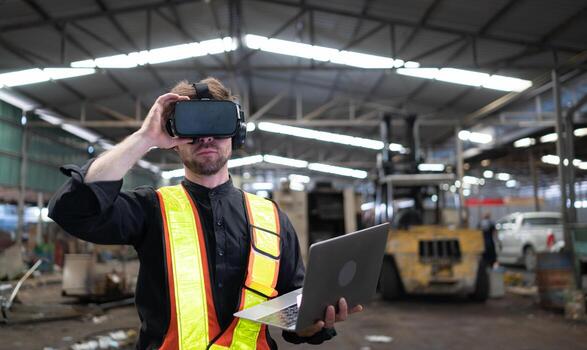Engineer and mechanical system placement in the old mechanical factory by using a virtual reality simulator design to achieve the most efficient and accurate. photo