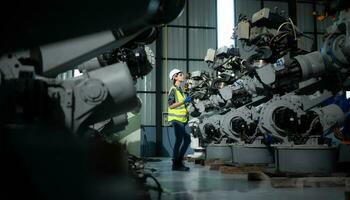 A female engineer installs a program on a robotics arm in a robot warehouse. And test the operation before sending the machine to the customer. photo