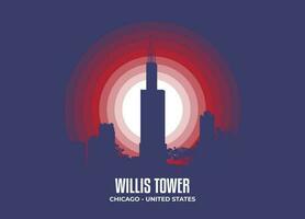 Willis Tower. Moonlight illustration of famous historical statue and architecture in United States of America. Color tone based on flag. Vector eps 10