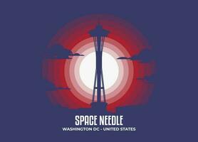 Space Needle. Moonlight illustration of famous historical statue and architecture in United States of America. Color tone based on flag. Vector eps 10