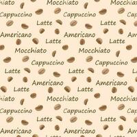 Seamless pattern text Americano, Cappuccino, Macchiato, Latte with coffee beans. Great for menu, poster or restaurant background. Robusta, arabica vector