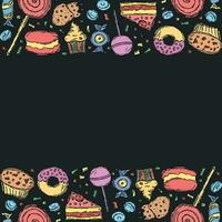 Drawn sweets background. Doodle food illustration with sweets and place for text vector
