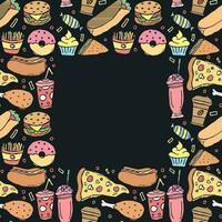 fast food background with place for text. Doodle fastfood icons. Drawn food illustration vector