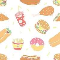 Seamless fast food pattern. fast food background. Doodle fastfood icons. Drawn food pattern vector