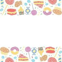 Drawn sweets background. Doodle food illustration with sweets and place for text vector