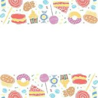 Drawn sweets background. Doodle food illustration with sweets and place for text vector