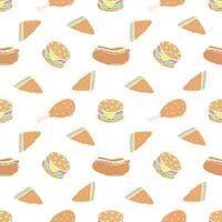 Seamless fast food pattern. fast food background. Doodle fastfood icons. Drawn food pattern vector