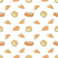 Seamless fast food pattern. fast food background. Doodle fastfood icons. Drawn food pattern vector