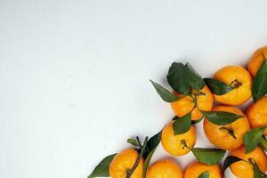 mandarin orange green leaf wood crate box top view copy text space frame on white background photo