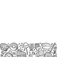 Drawn sweets background. Doodle food illustration with sweets and place for text vector