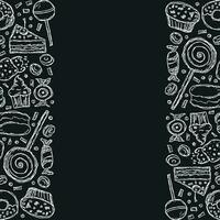 Drawn sweets background. Doodle food illustration with sweets and place for text vector