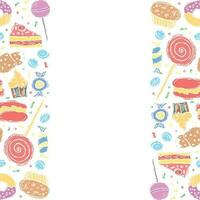 Drawn sweets background. Doodle food illustration with sweets and place for text vector