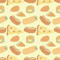 Seamless fast food pattern. fast food background. Doodle fastfood icons. Drawn food pattern vector