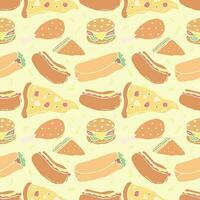 Seamless fast food pattern. fast food background. Doodle fastfood icons. Drawn food pattern vector