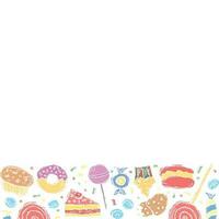 Drawn sweets background. Doodle food illustration with sweets and place for text vector