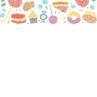 Drawn sweets background. Doodle food illustration with sweets and place for text vector