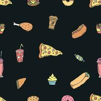 Seamless fast food pattern. fast food background. Doodle fastfood icons. Drawn food pattern vector