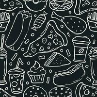 Seamless fast food pattern. fast food background. Doodle fastfood icons. Drawn food pattern vector