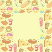 fast food background with place for text. Doodle fastfood icons. Drawn food illustration vector