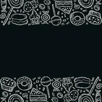 Drawn sweets background. Doodle food illustration with sweets and place for text vector
