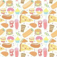 Seamless fast food pattern. fast food background. Doodle fastfood icons. Drawn food pattern vector