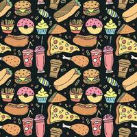 Seamless fast food pattern. fast food background. Doodle fastfood icons. Drawn food pattern vector