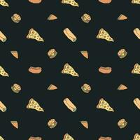 Seamless fast food pattern. fast food background. Doodle fastfood icons. Drawn food pattern vector