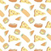 Seamless fast food pattern. fast food background. Doodle fastfood icons. Drawn food pattern vector
