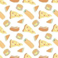 Seamless fast food pattern. fast food background. Doodle fastfood icons. Drawn food pattern vector