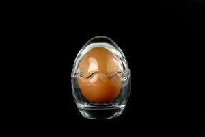 Egg in egg shape glass container protection shell on black background safety security photo